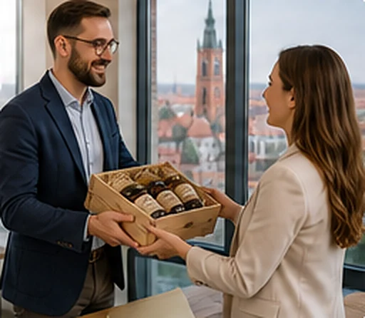 Wręczenie drewnianej skrzynki z przetworami w biurze