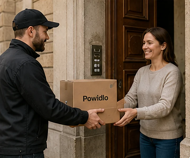 Kurier podaje karton z przetworami pod drzwiami kamienicy